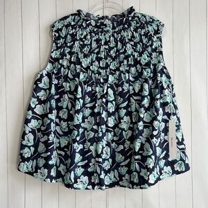 Merlette size L Xanica blouse blue floral 100% cotton smocked mock neck NEW